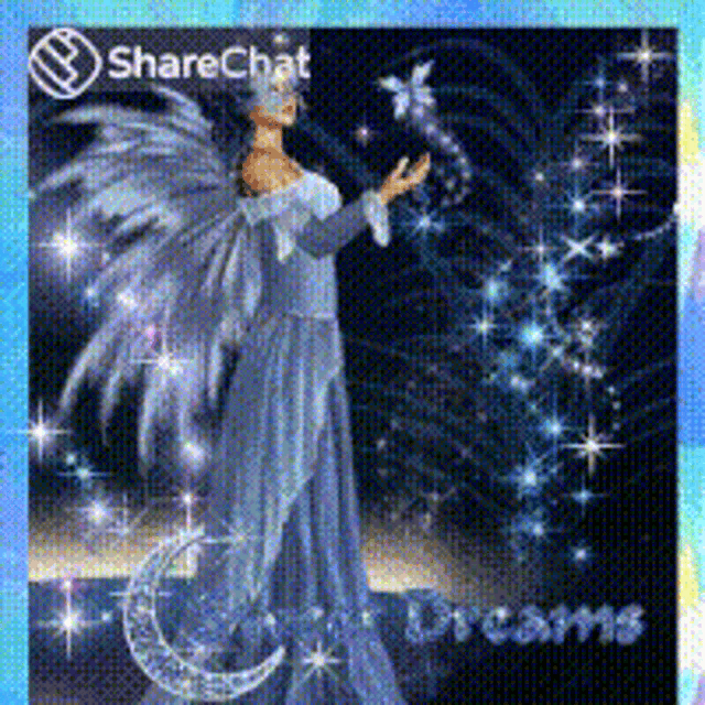 a fairy in a blue dress is standing in front of a crescent moon