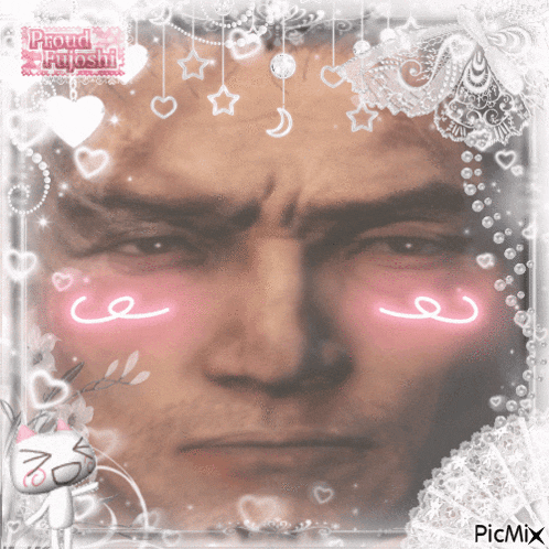 a picture of a man 's face with hearts and stars and the words proud fujoshi