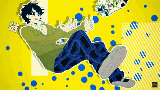 a cartoon drawing of a boy and a cow on a yellow and white background