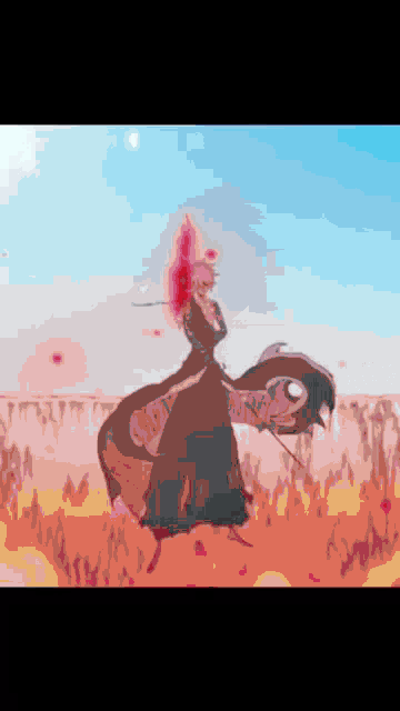 a cartoon of a man holding a sword in a field of fire .