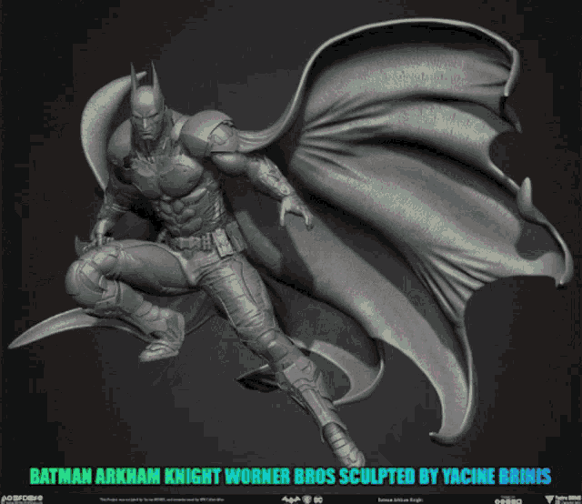 a black and white statue of batman arkham knight worn by yacine brinis