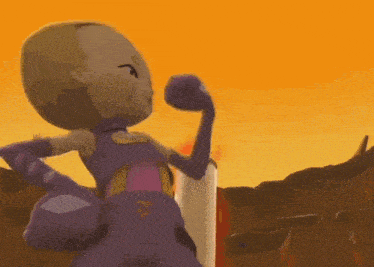 a cartoon character in a purple outfit is flexing her muscles in front of an orange sky .