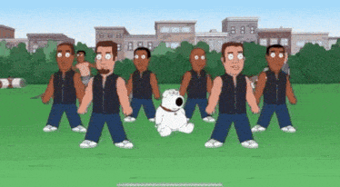 a group of cartoon characters are standing in a line with a white dog in the middle
