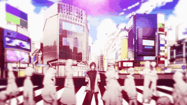 a person crossing a street in front of a building that says " tokyo "
