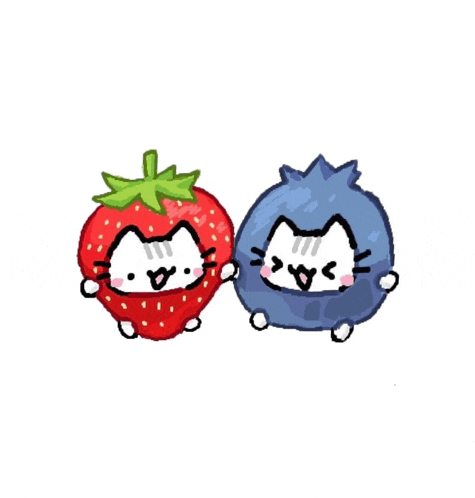 a drawing of a strawberry and blueberry with cats on them