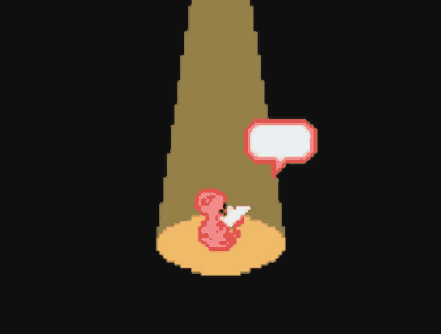 a pixel art drawing of a flamingo with a white speech bubble