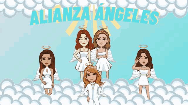 a group of angels are standing in the clouds with the words " alianza angeles " above them