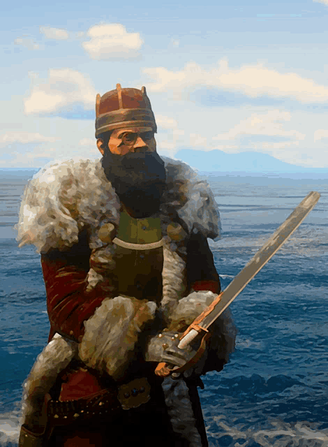 a man with a beard and a crown holding a sword