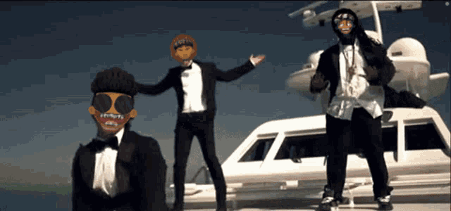 a man in a tuxedo is standing next to another man with braces on his teeth
