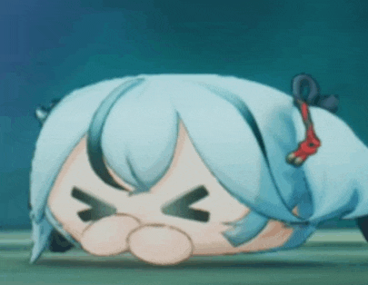 a cartoon character with blue hair is laying down with an angry face on her face .
