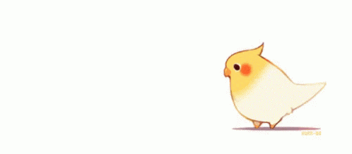 a cartoon drawing of a small yellow and white bird walking on a white background .