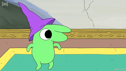 a green cartoon character wearing a purple hat with the letters [ as ] on the bottom right