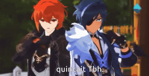 a couple of anime characters standing next to each other with the words quincail tbh written on the bottom .