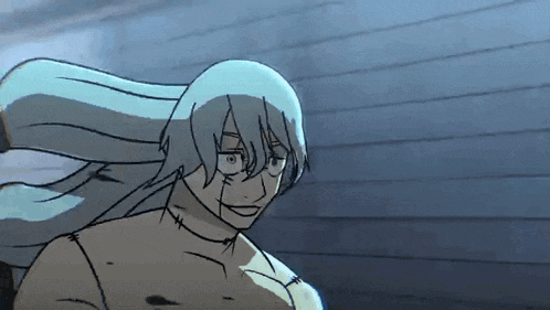 a drawing of a shirtless anime character with long hair and a scar on his face .