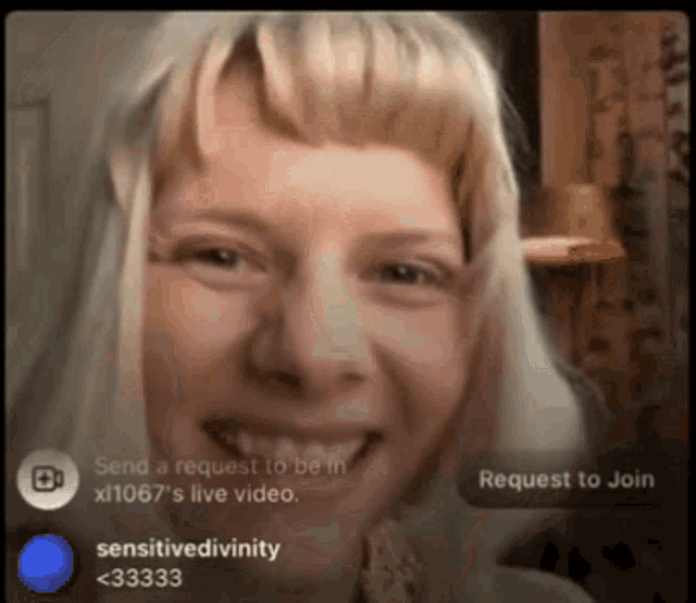 a woman with blonde hair is smiling in front of a screen that says request to join