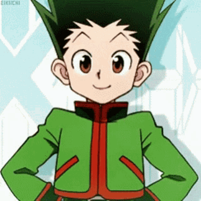 a cartoon character with a green jacket and red trim