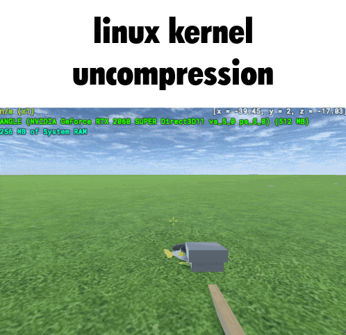 a screenshot of a video game with the words linux kernel uncompression at the top