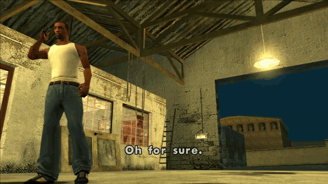 a man in a white tank top is talking on a cell phone and says oh for sure