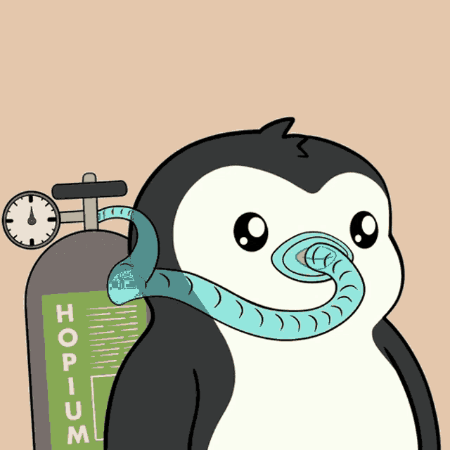 a penguin is wearing an oxygen mask next to a bottle that says horium
