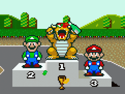mario luigi and bowser are on a podium with a trophy