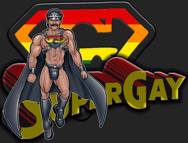 a cartoon drawing of a man dressed as superman with the word gay behind him
