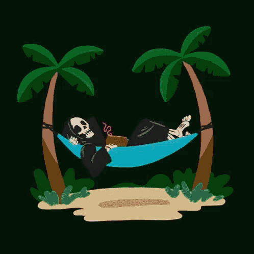 a grim reaper is laying in a hammock with a drink in his hand