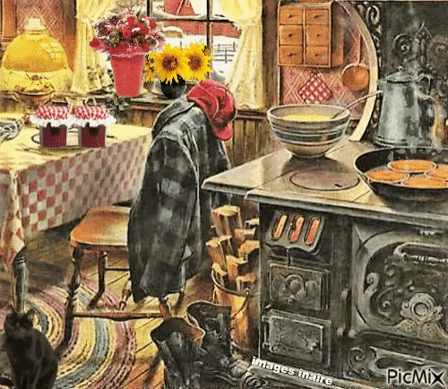 a painting of a man in a plaid shirt sitting in a kitchen with a cat