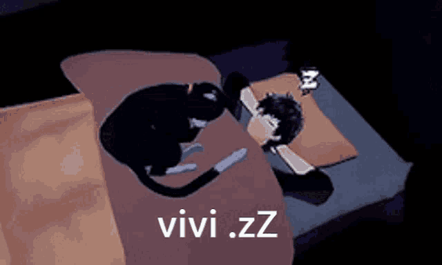 a cat is sleeping next to a person in a bed with the words vivi.zz below them