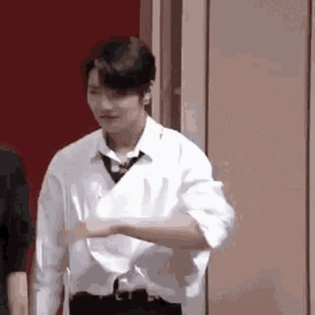a man in a white shirt and tie is standing in front of a door .