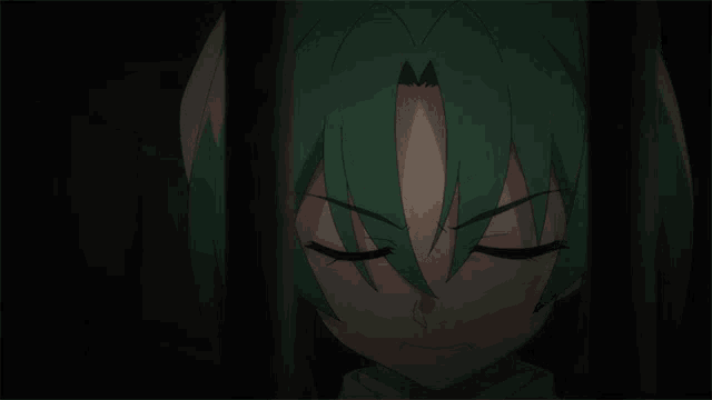 a close up of a green haired anime character