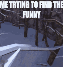 a picture of a snowy forest with the words me trying to find the funny