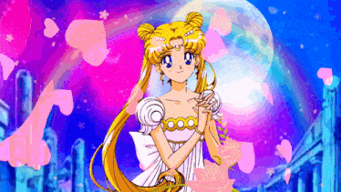 a girl in a white dress is standing in front of a pink and blue background