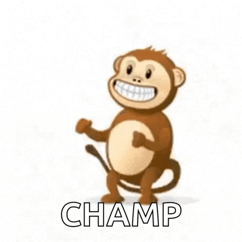 a cartoon monkey is dancing and smiling with the word champ written next to it .