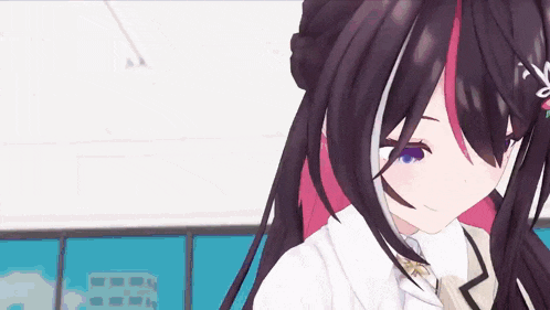 a close up of a 3d anime girl with long purple hair and red highlights .
