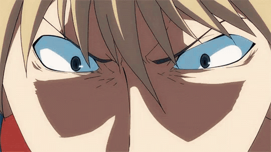 a close up of a anime character 's face with a blue hat on