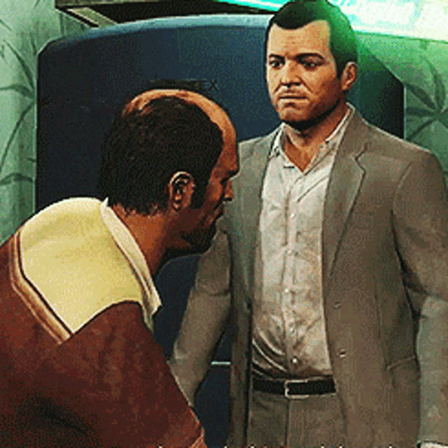 a man in a suit talks to another man in a brown shirt in a video game
