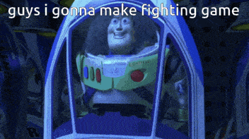 buzz lightyear from toy story is sitting in a spaceship with the words guys i gonna make fighting game above him