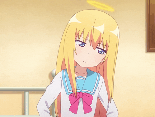 a blonde anime girl with a halo on her head looks serious