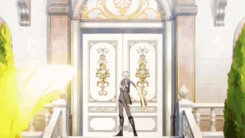 a man is standing in front of a door with a sword .