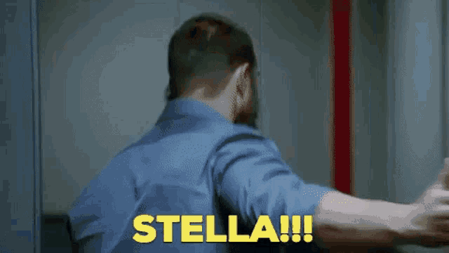 a man with a beard is standing in front of a door with the word stella written on it