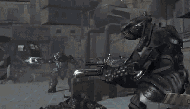 a group of robotic soldiers are standing on a street in front of a building .