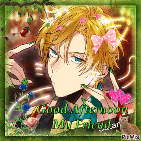 a picture of a boy with green nails and flowers says good afternoon my friendar