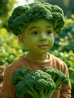 a young boy with green paint on his face is holding a broccoli head