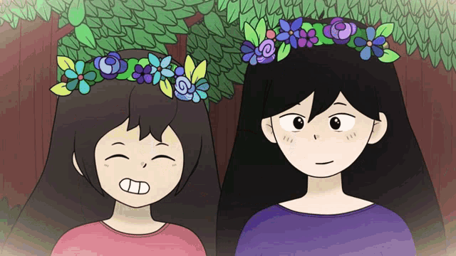 a cartoon of two girls wearing flower crowns on their heads