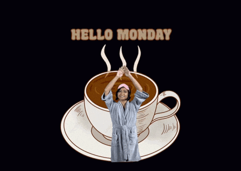 a woman in a bathrobe is standing in front of a cup of coffee with the words hello monday happy healthy day