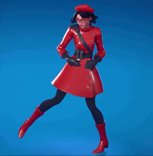 a woman in a red coat with a skull and crossbones patch on her shoulder