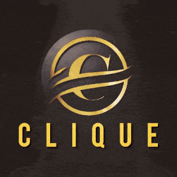 a clique logo is surrounded by flames and sparkles