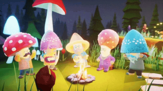 a group of mushrooms gather around a campfire