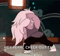 a cartoon character from steven universe is standing on a rug and saying hey pearl check out this thiic .