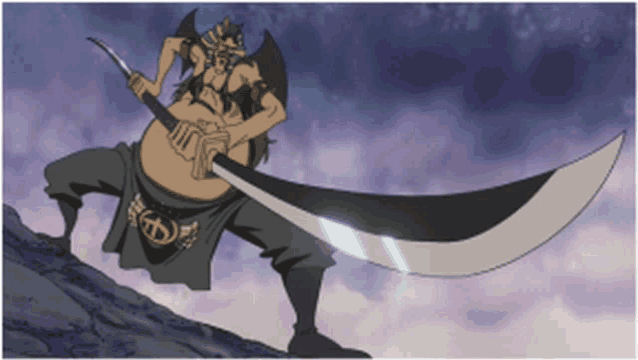 a cartoon of a man holding a large sword with the letter c on his chest